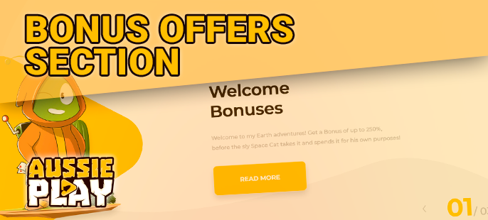 Presentation of bonus offers on the site of Aussie Play Casino