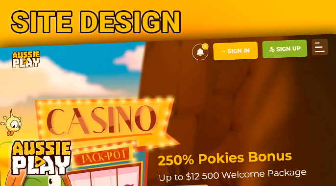 Aussie Play Casino website design with registration and login buttons
