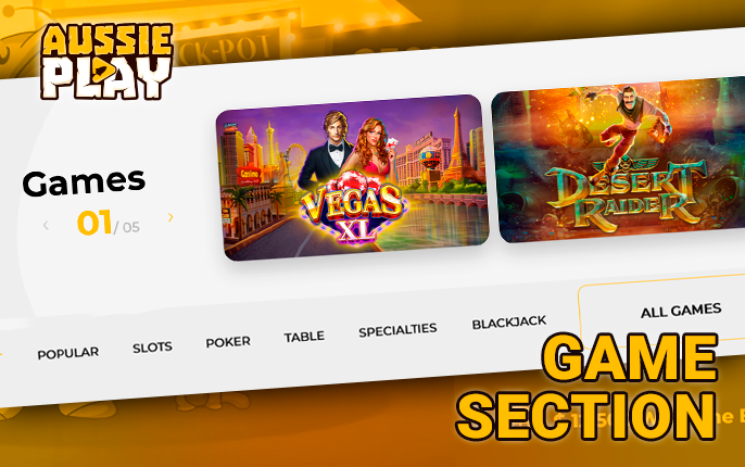 The gambling section of the Aussie Play Casino website and game categories