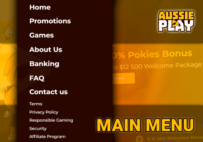 Aussie Play Casino website main menu with links for navigation