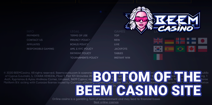 Bottom of the Beem Casino website with important links