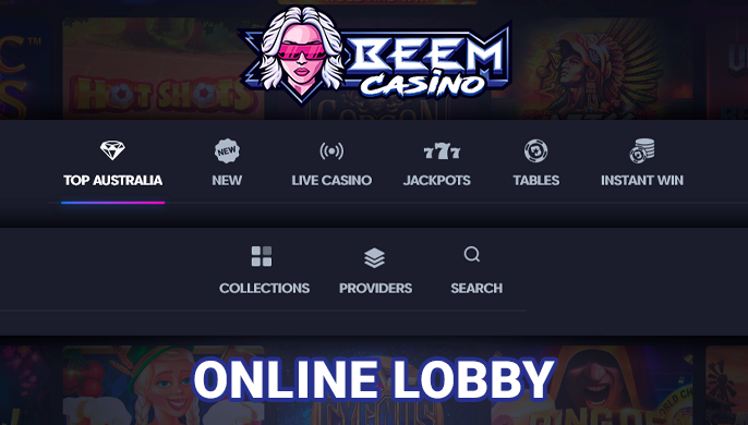 Gaming section on the Beem Casino website with categories and searchability