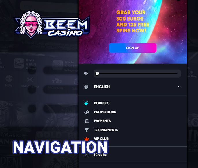 Beem Casino project main menu with site navigation