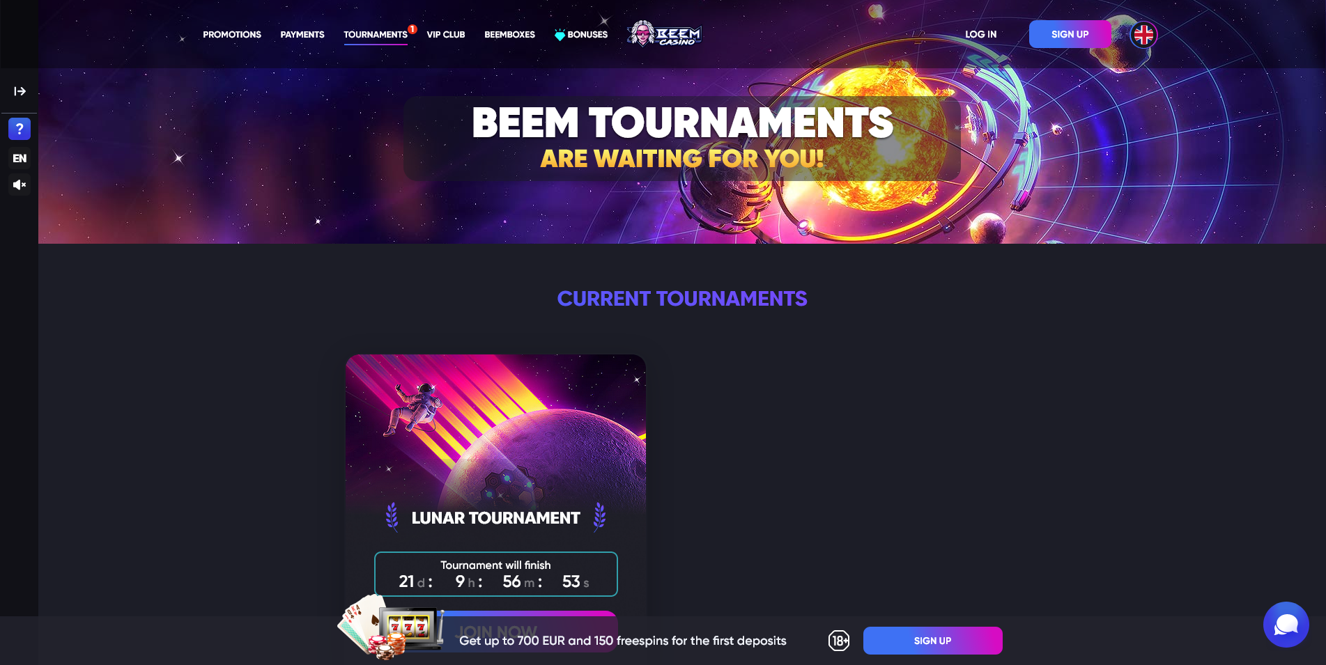 Screenshot of the Beem Casino Tournaments Page