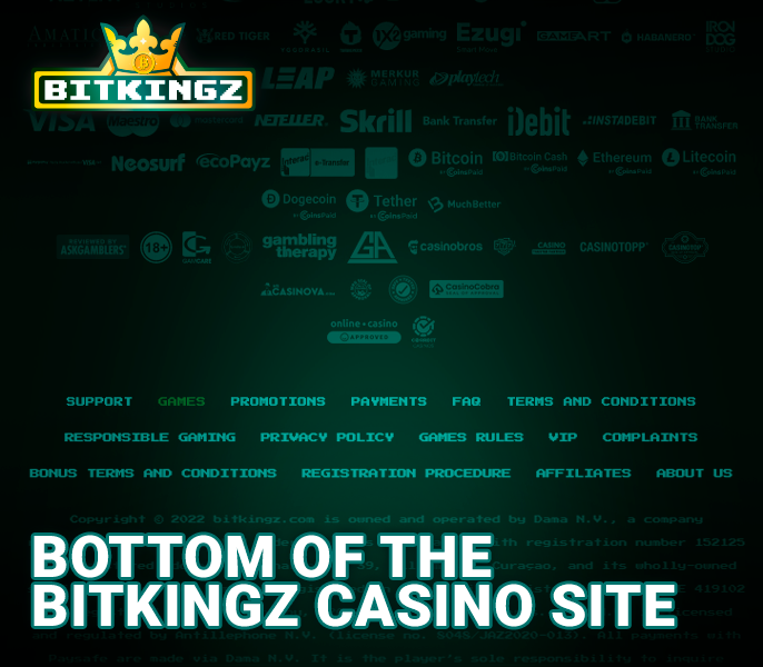 The bottom of the Bitkingz Casino website with important links and logos of software providers