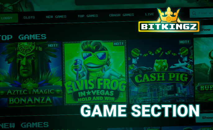 Gambling section on the Bitkingz Casino website with their categories