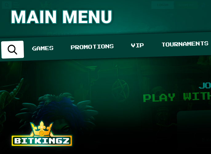Bitkingz Casino website main menu with Search Bar and navigation
