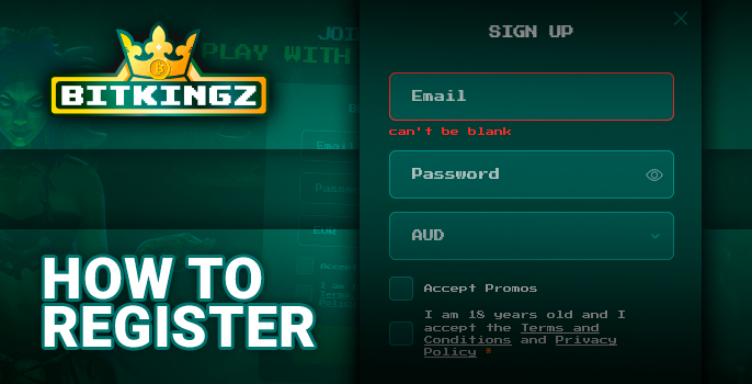 Registration form on the site Bitkingz Casino - how to register an account