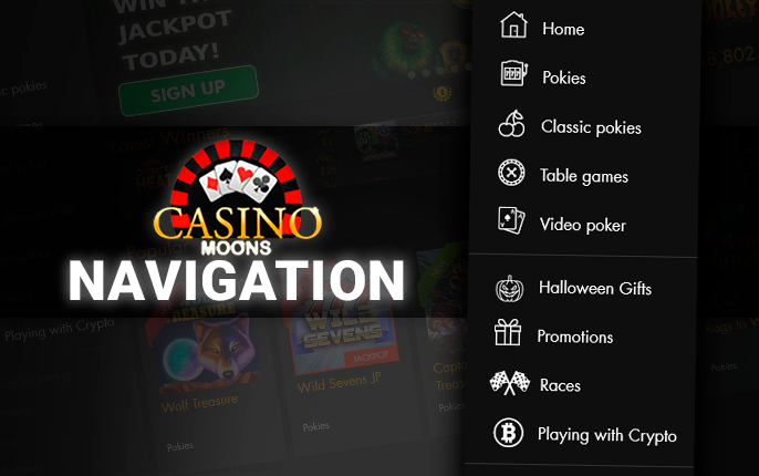 Main menu on the Casino Moons website