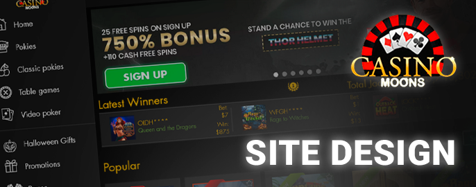Casino Moons website design - how the players are greeted by the casino