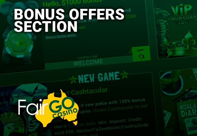Fair Go Casino promotions offers section - list of available bonuses