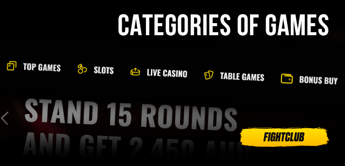 Section with gambling categories on Fight Club Casino