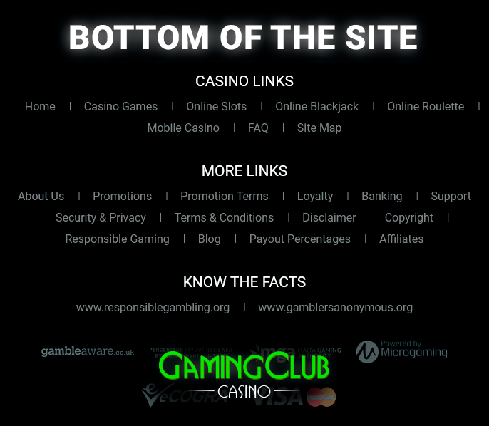 Gaming Club Casino website bottom menu with important links