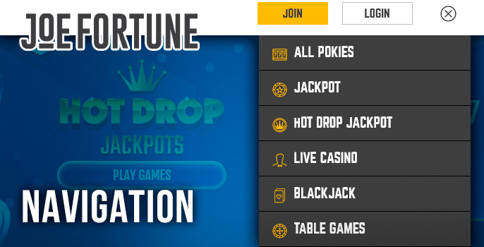 Joe Fortune Casino site menu - navigate the site