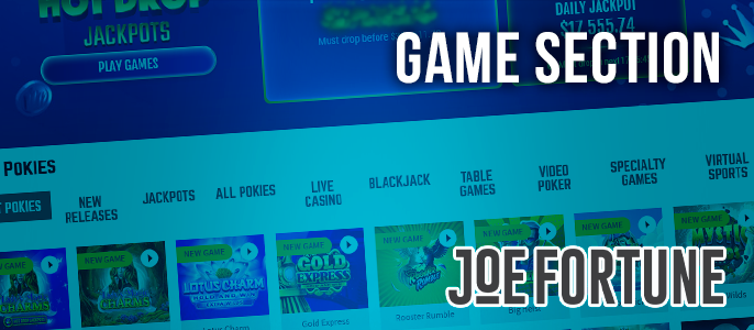 Joe Fortune Casino website gaming section with categories