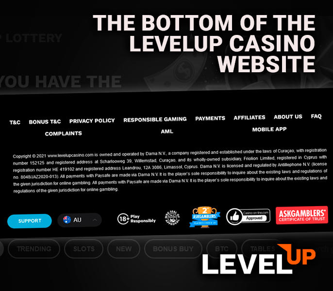 The bottom of the LevelUp Casino website with important links and logos of the software providers