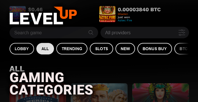Gaming section at LevelUp Casino with the latest winners and gambling categories