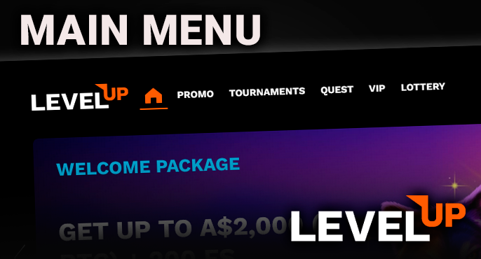 Main menu on LevelUp Casino website with navigation