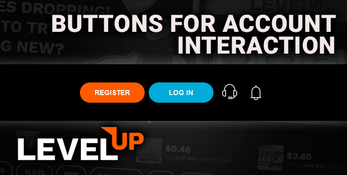 Registration and login buttons at LevelUp Casino