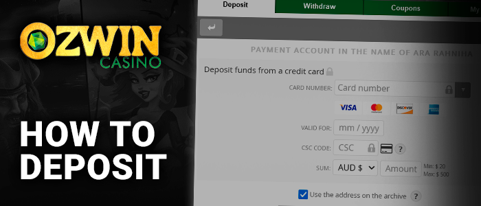 Ozwin Casino account deposit form - instructions on how to deposit