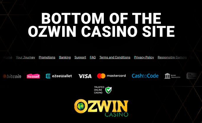 Bottom of the Ozwin Casino website with important links and information