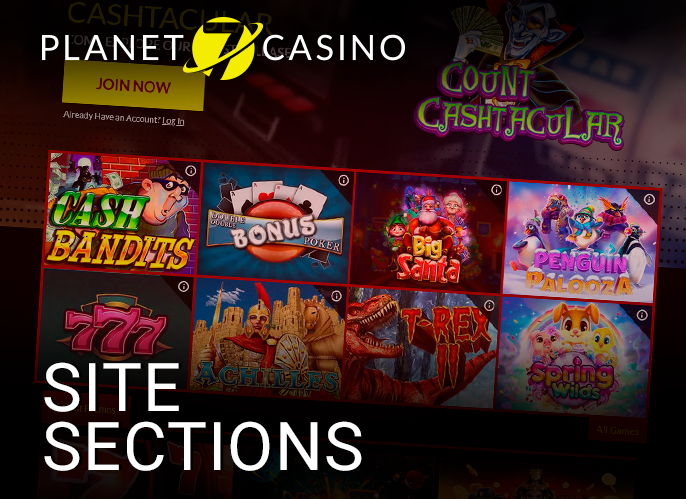 Sections of the Planet 7 Oz Casino site - how to navigate the site