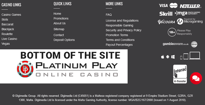 The bottom of the Platinum Play Casino website with important information