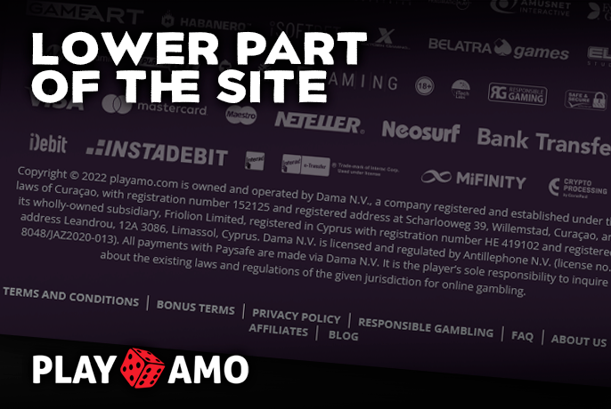 Bottom of the site PlayAmo Casino with important links and logos providers