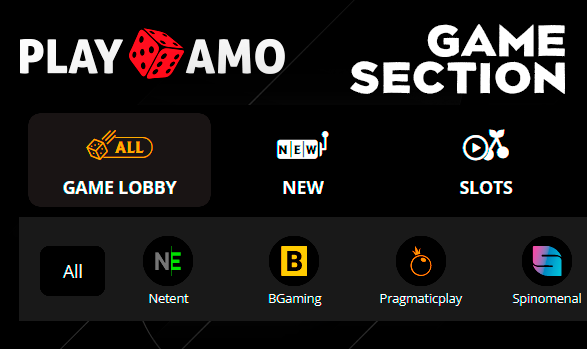 PlayAmo Casino gambling section with categories and selection of providers