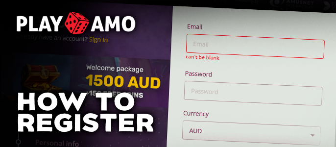 Form of registration on the site PlayAmo Casino with personal data