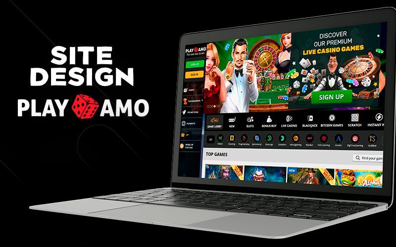 PlayAmo Casino website design with promo banner and main menu for navigation
