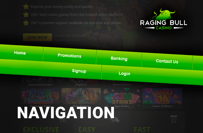 Raging Bull Casino website navigation with important links