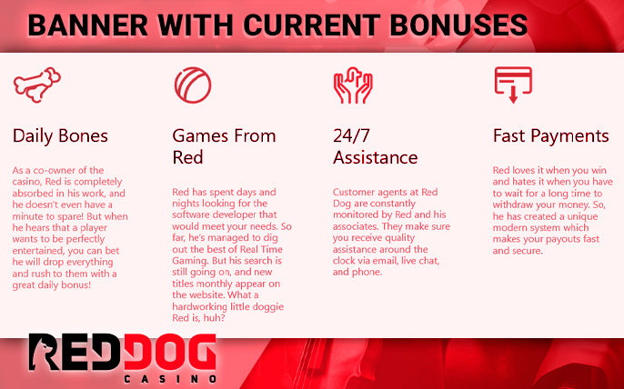 Banner with current bonuses at Red Dog Casino for players from Australia