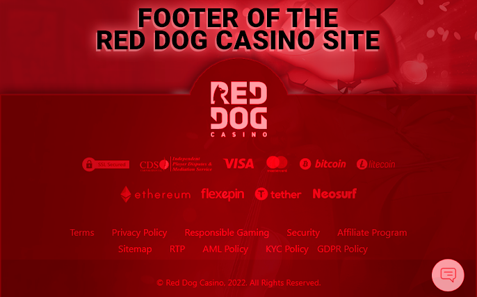 Important links at the bottom of the site Red Dog Casino with the logos of existing payment systems