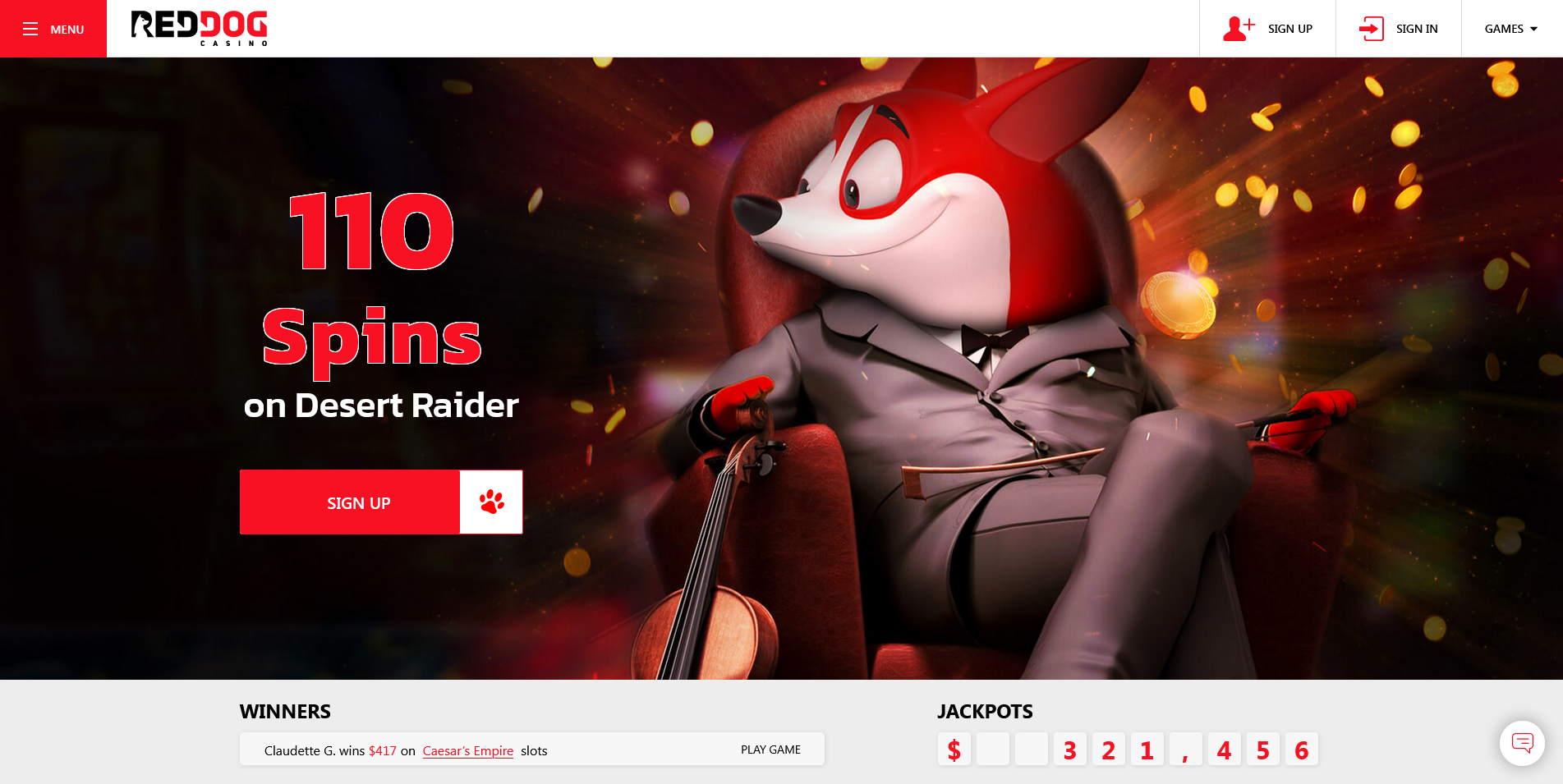 Screenshot of the RedDog Casino home page