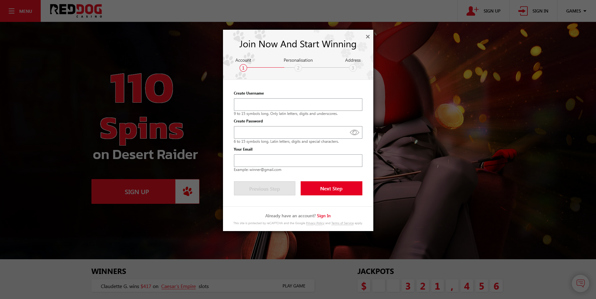 Screenshot of the RedDog Casino registration page