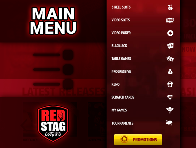 RedStag Casino website main menu with links - how to navigate the site