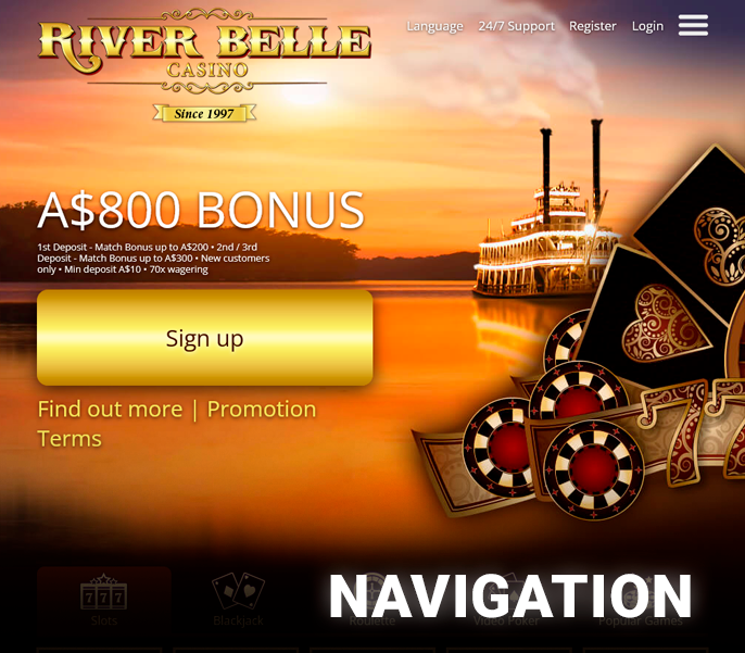 Sections of RiverBelle online casino - how to navigate the site.