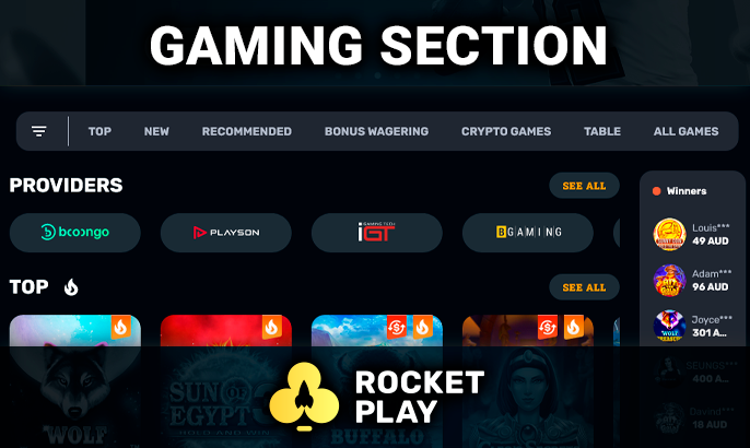 Gaming section at RocketPlay Casino - gambling categories and providers