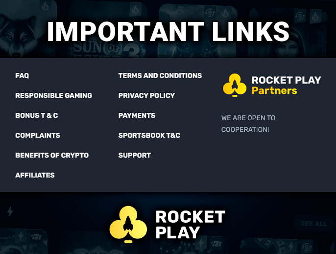 Important links at the bottom of the RocketPlay Casino website