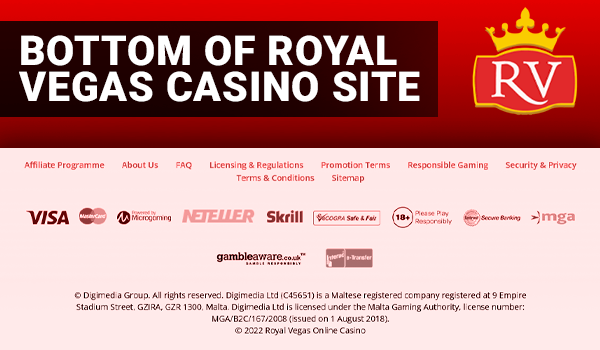 Footer with important links and payments logos at Royal Vegas Casino