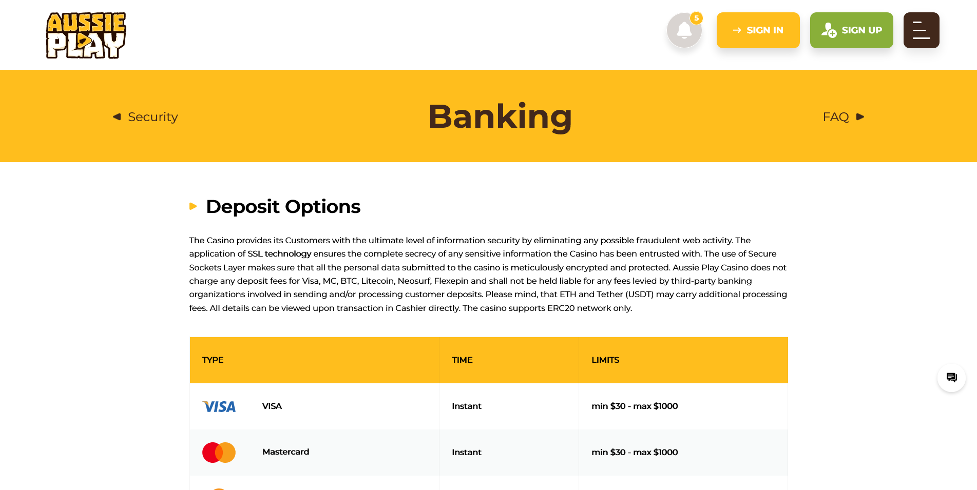 Screenshot of the Aussie Play Casino Banking info page