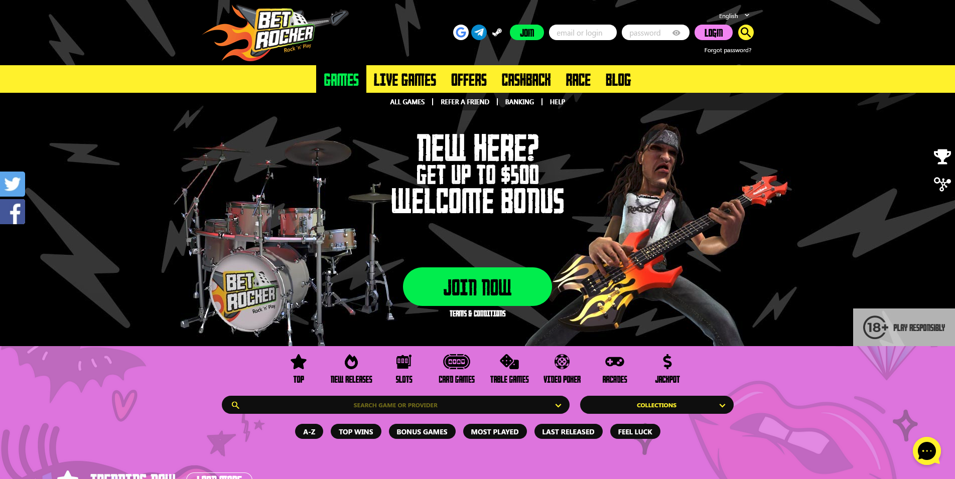 Screenshot of the Betrocker Casino home page