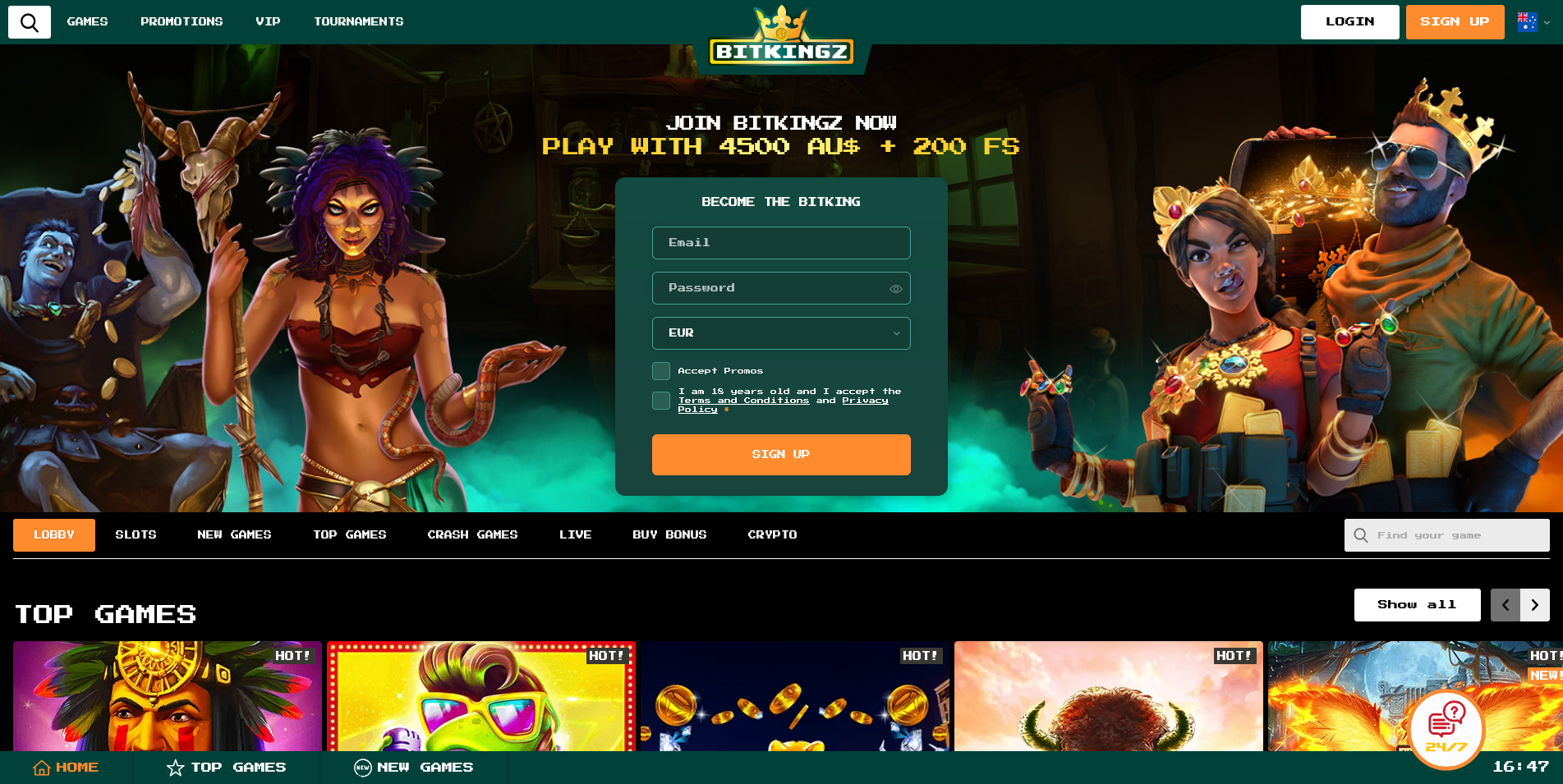 Screenshot of the Bitkingz Casino home page