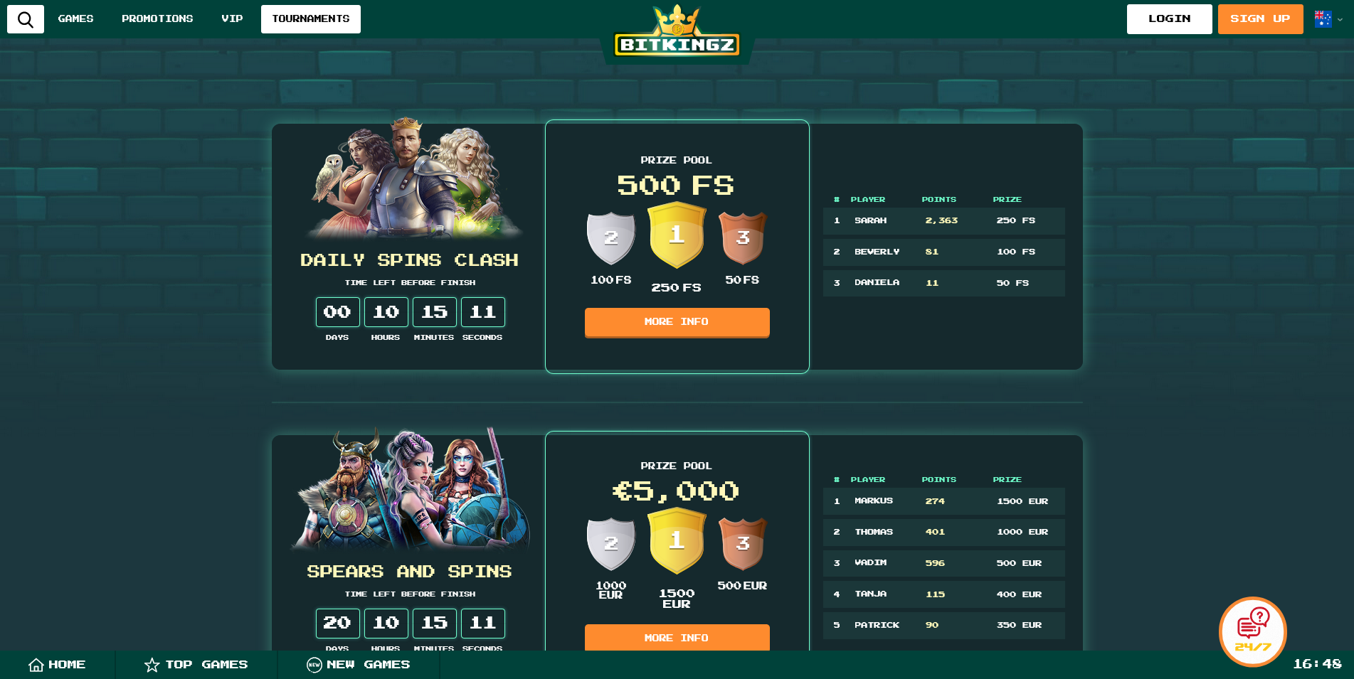 Screenshot of the Bitkingz Casino Tournaments page