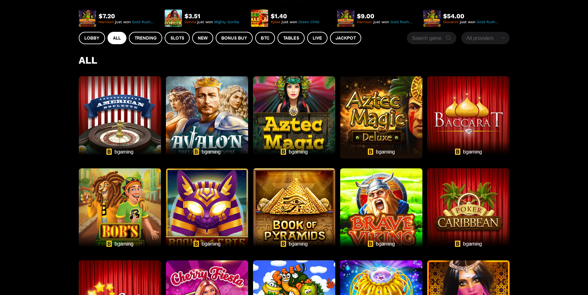 Screenshot of the LevelUp Casino Game Section