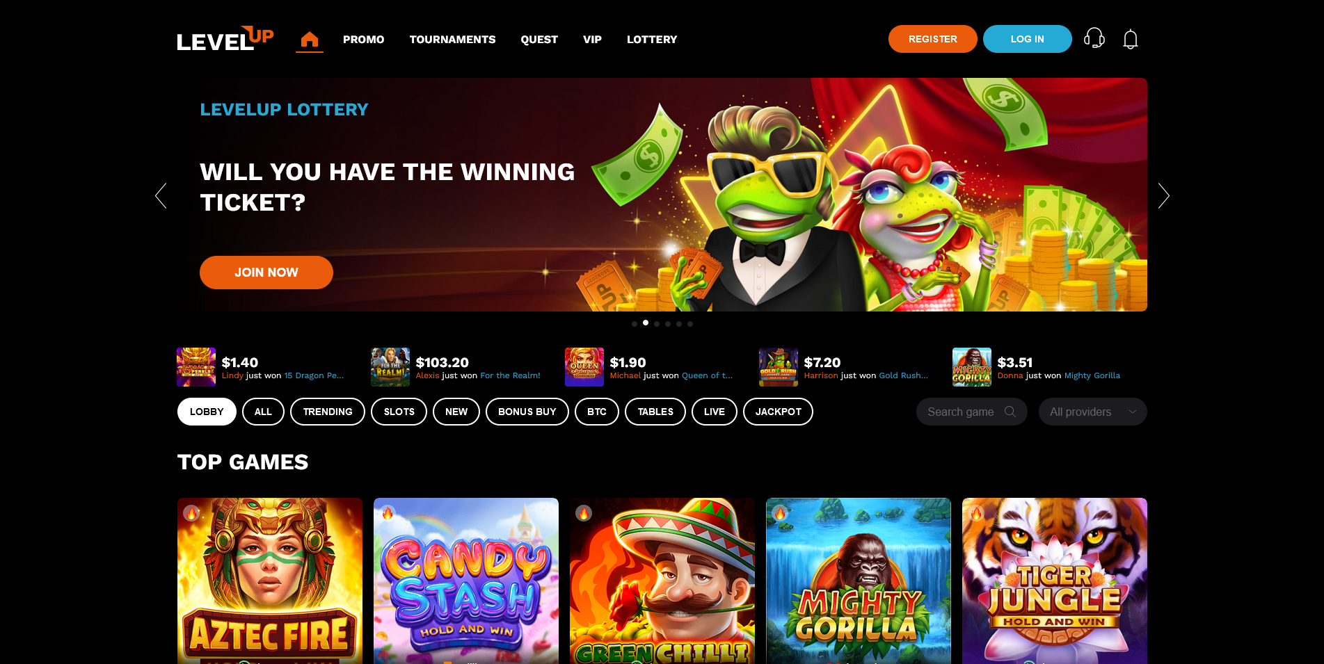 Screenshot of the LevelUp Casino home page