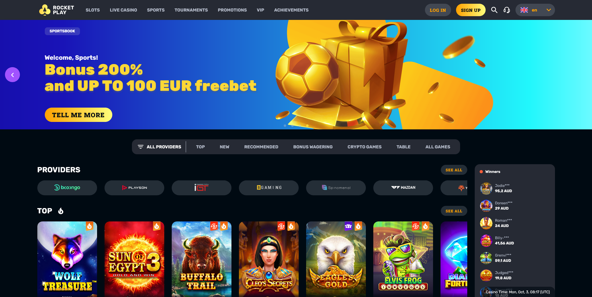 Screenshot of the RocketPlay Casino home page
