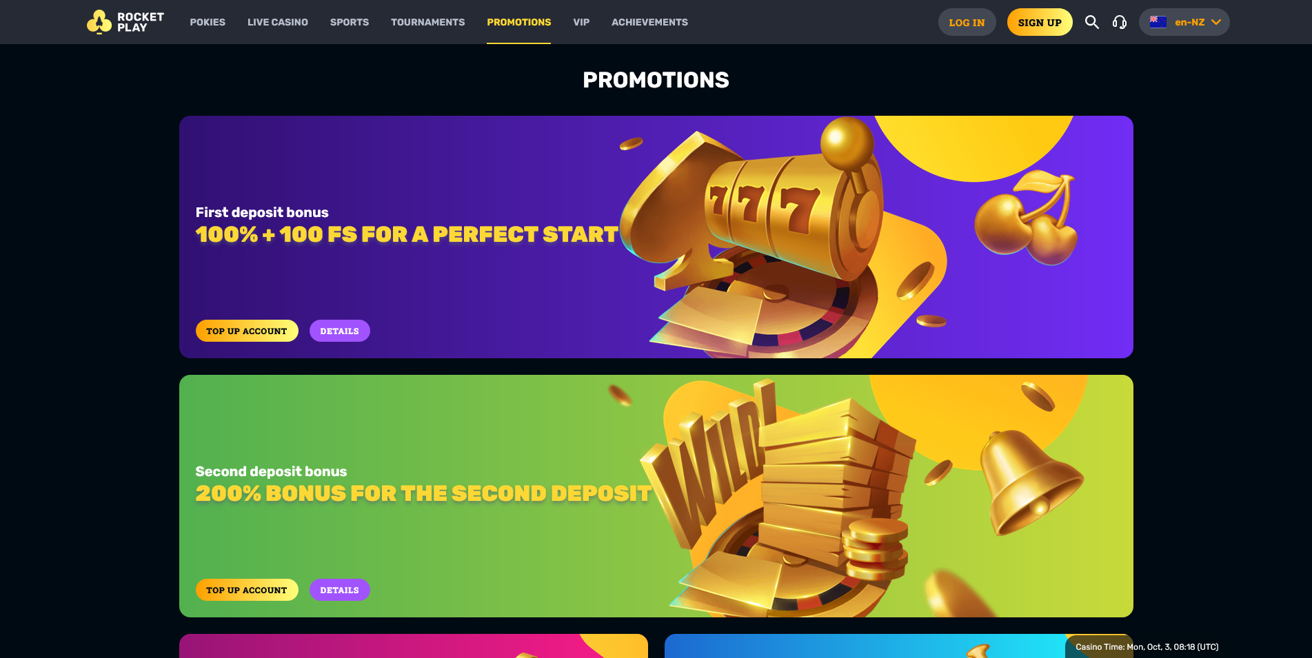 Screenshot of the RocketPlay Casino Promotions Page