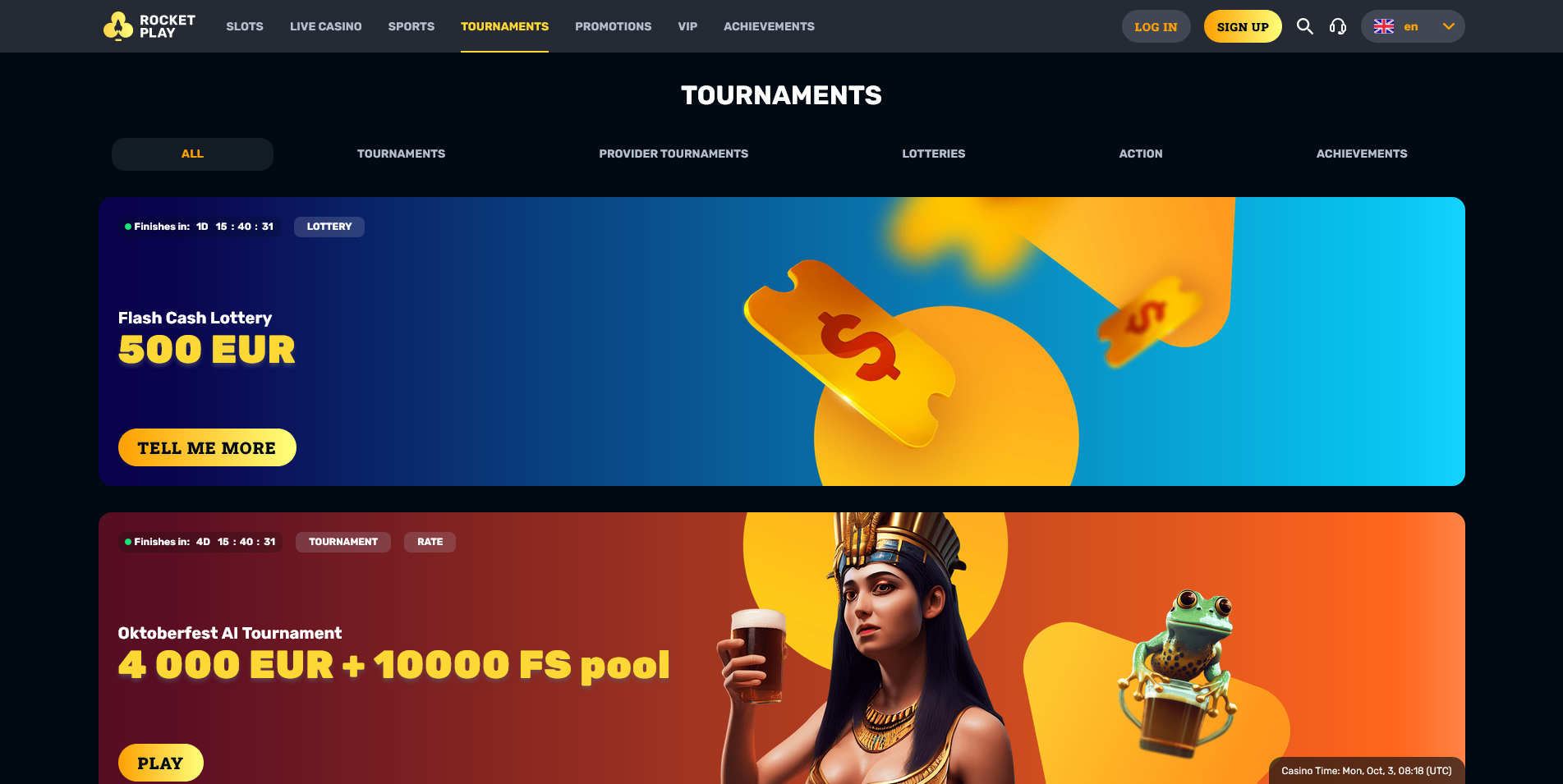 Screenshot of the RocketPlay Casino Tournaments Page